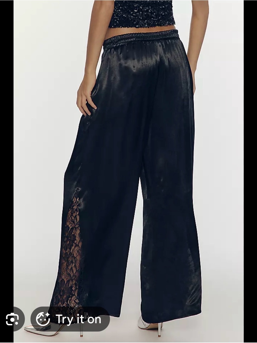 Anthropologie Black Satin Wide-Leg Pants with Lace Trim